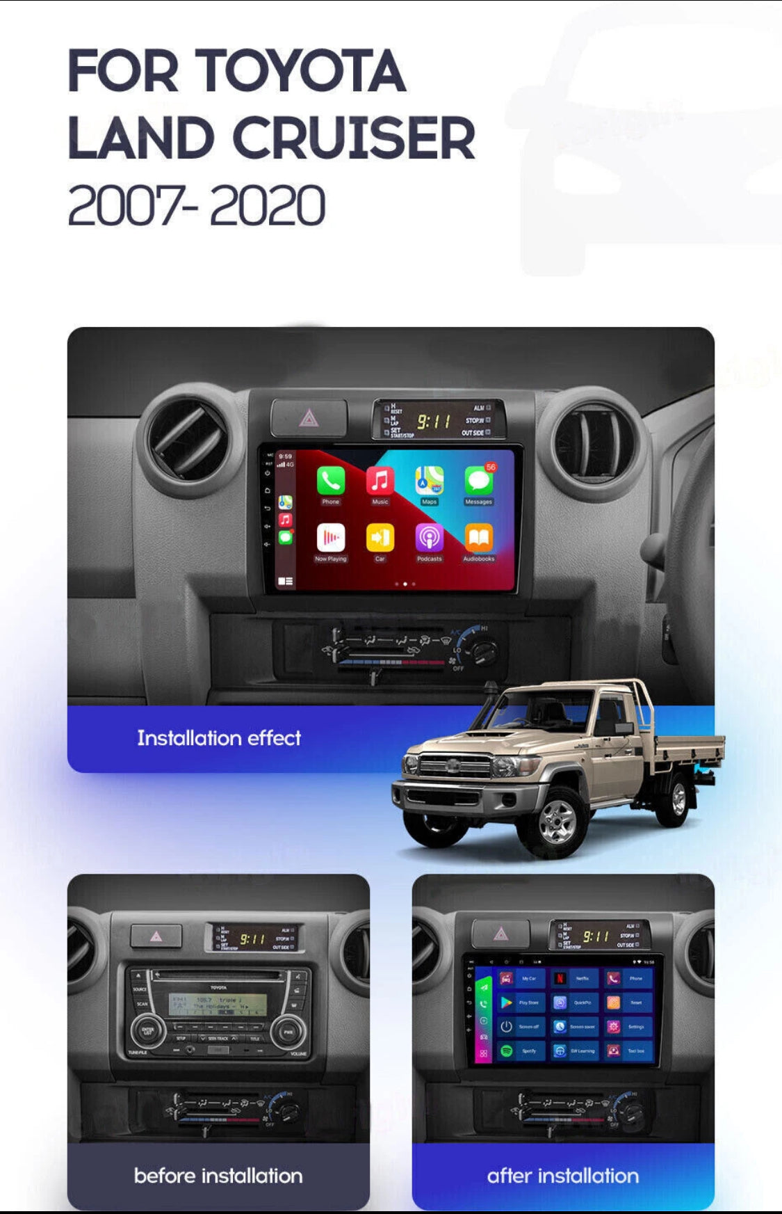 9" Android 13 Head Unit for Toyota Land Cruiser 70 76 78 79 Series (2007–2020)
