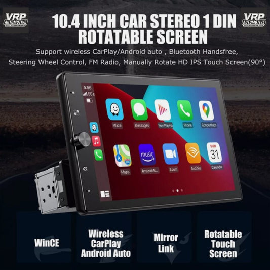 10.4" Rotatable 1‑DIN Head Unit w/ Apple CarPlay & Bluetooth